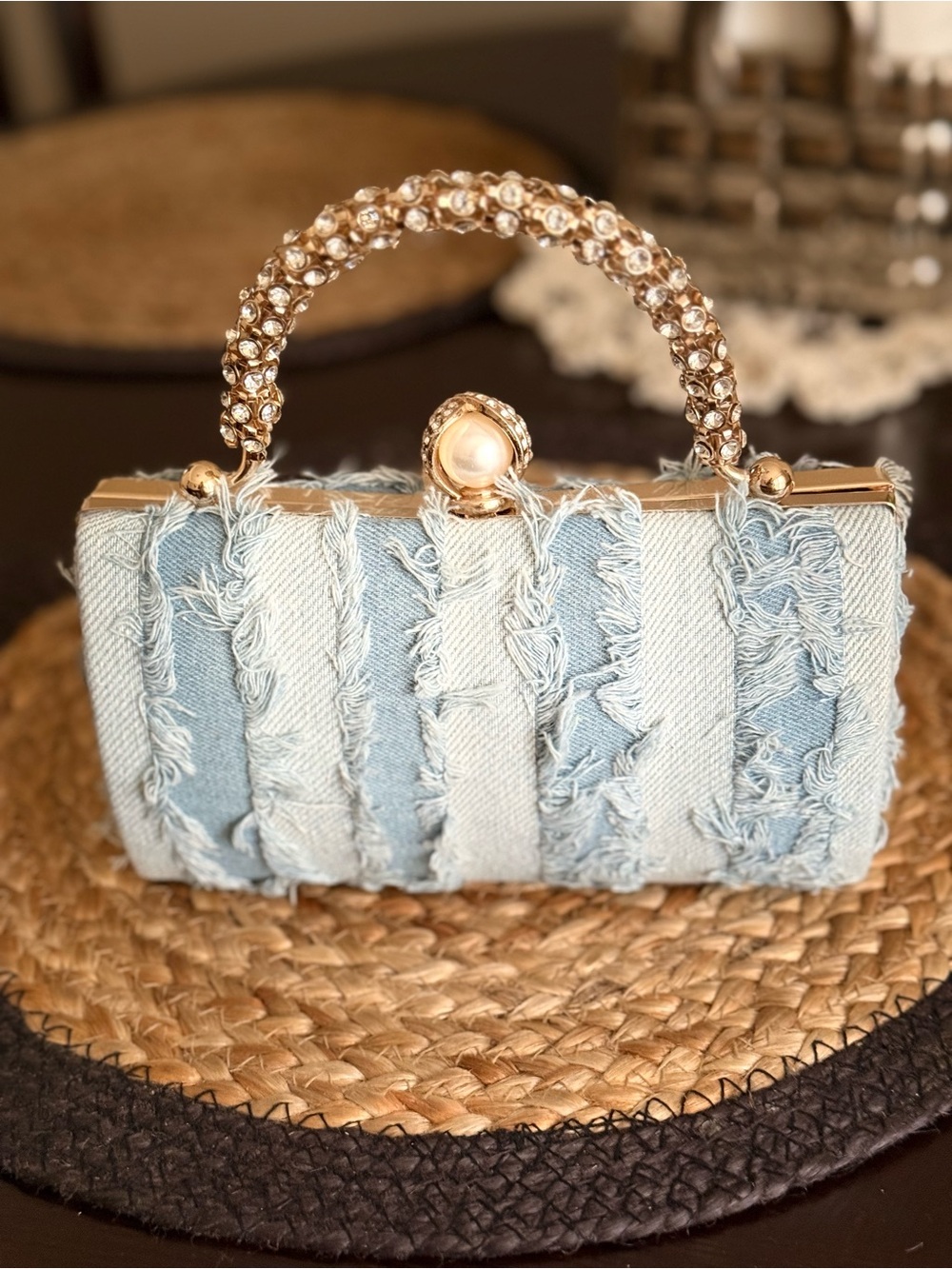 MiniDenim Fringe Clutch with Rhinestone Kiss Lock
Shoulder GoldChain included